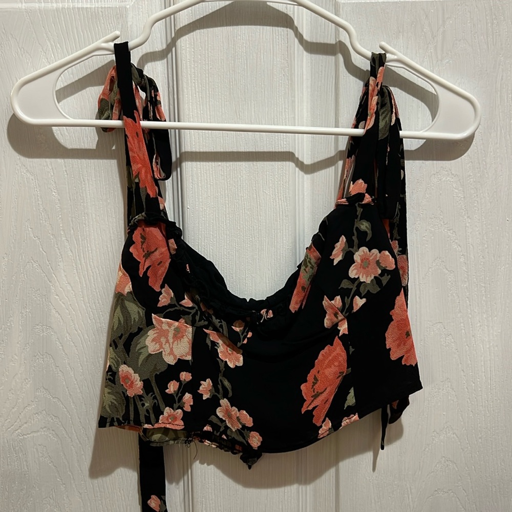 Reformation Crop Top - Black w/ Pink Flowers, Size 6
